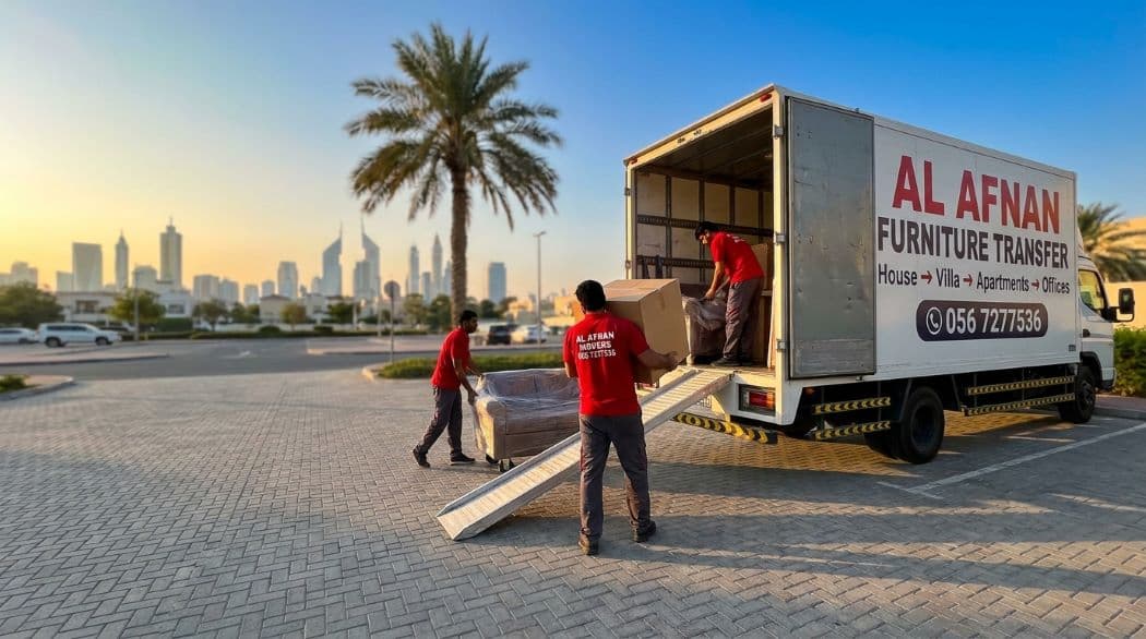 Al Afnan movers and packers in UAE loading wrapped furniture and boxes into a moving truck