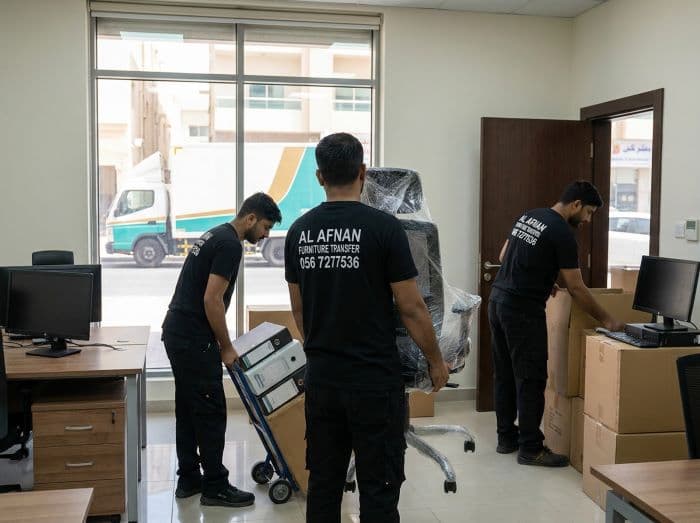 Commercial office movers in Sharjah carefully relocating desks, office furniture and equipment
