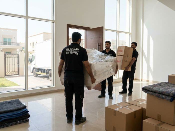 House movers in Sharjah carefully handling household furniture during a residential move by Al Afnan Furniture Transfer