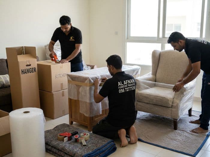 Professional packing and moving team in Sharjah wrapping household furniture with protective packing materials